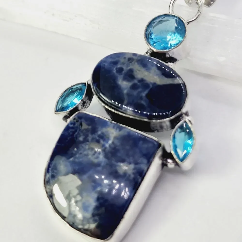 Sodalite Blue Quartz Sterling Silver Plated Pendant 2.5